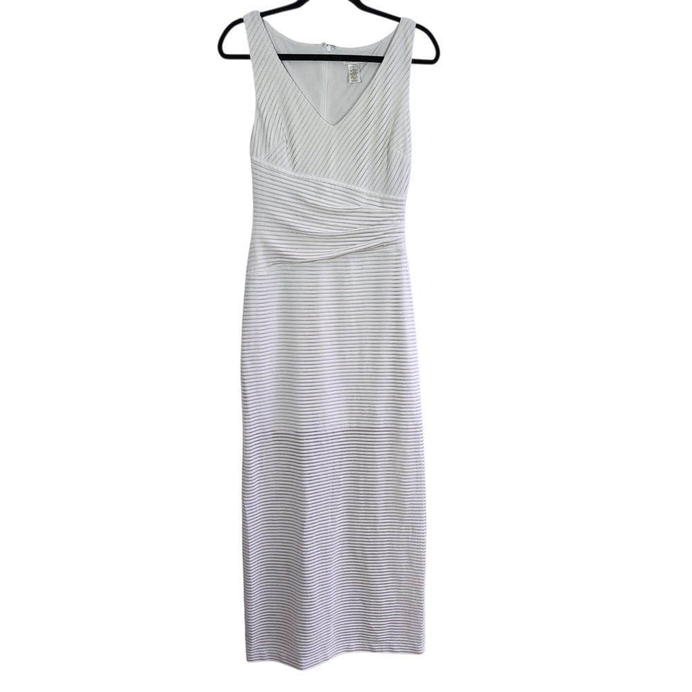 Cache White Striped V Neck Midi Maxi Dress Size 4 Beach Resort Preppy